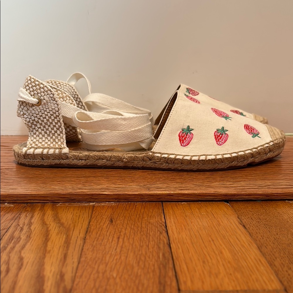 J Crew Factory ankle wrap flat espadrilles with embroidered strawberries